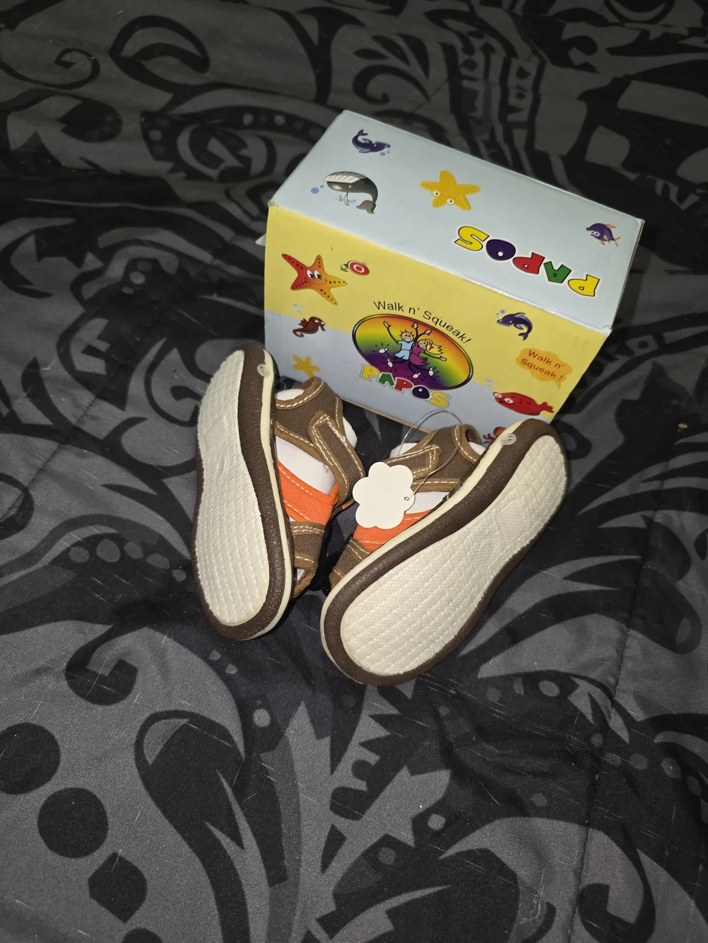 Brown & Orange Baby Walker Shoes with Bear Accent